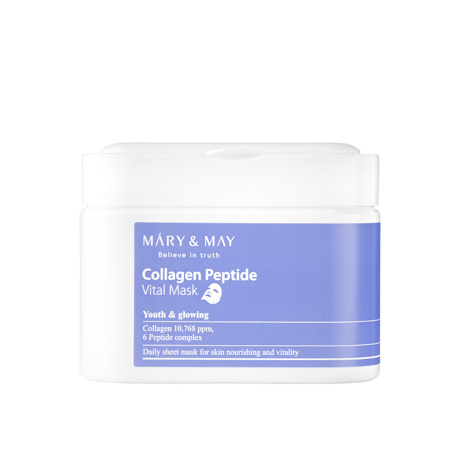 Collagen Peptide Vital Mask" från MARY & MAY i en vit och lila burk. Produkten innehåller 10,768 ppm kollagen och ett peptidkomplex för att ge huden näring och glöd. Denna dagliga ansiktsmask är utformad för att ge en ungdomlig och strålande hy