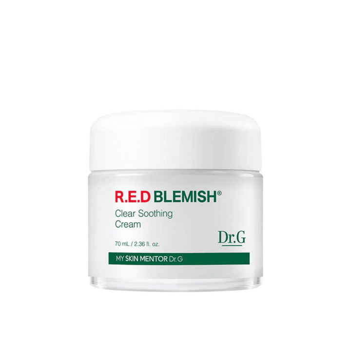 Dr.G R.E.D Blemish Clear Soothing Cream är en mild och återfuktande kräm som lindrar rodnad och irritation. Formulan innehåller Centella Asiatica och hyaluronsyra för att stärka hudens barriär och återställa balansen. Passar perfekt för känslig och aknebenägen hud.