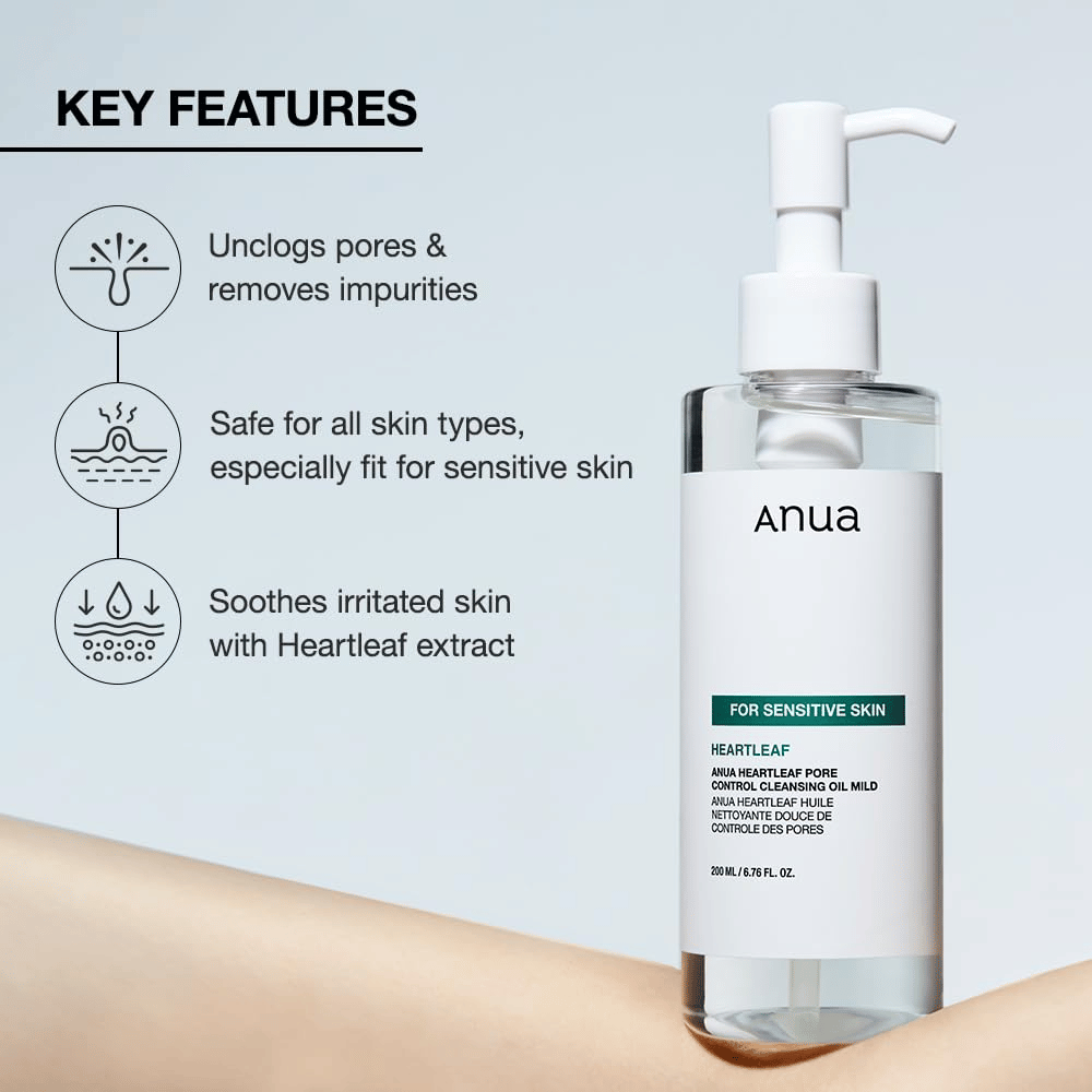 Anua Heartleaf Pore Control Cleansing Oil Mild är en skonsam rengöringsolja för alla hudtyper, särskilt lämplig för känslig hud. Den hjälper till att:  Avlägsna orenheter och rensa porerna. Lugna irriterad hud med hjälp av heartleaf-extrakt. Är säker för alla hudtyper och särskilt anpassad för att vara mild och effektiv.