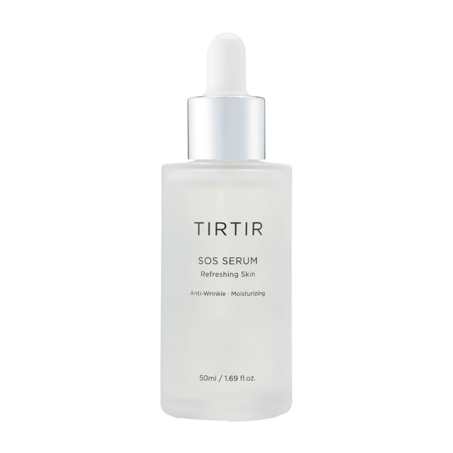 Flaska med TIRTIR SOS Serum, avsedd för uppfriskande och återfuktande hudvård.