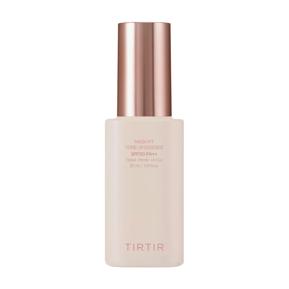 Produktbild av "TIRTIR MASK FIT TONE UP ESSENCE" med SPF30 PA++, en tonad primer som skyddar mot UV-strålning. Innehåll: 30 ml.